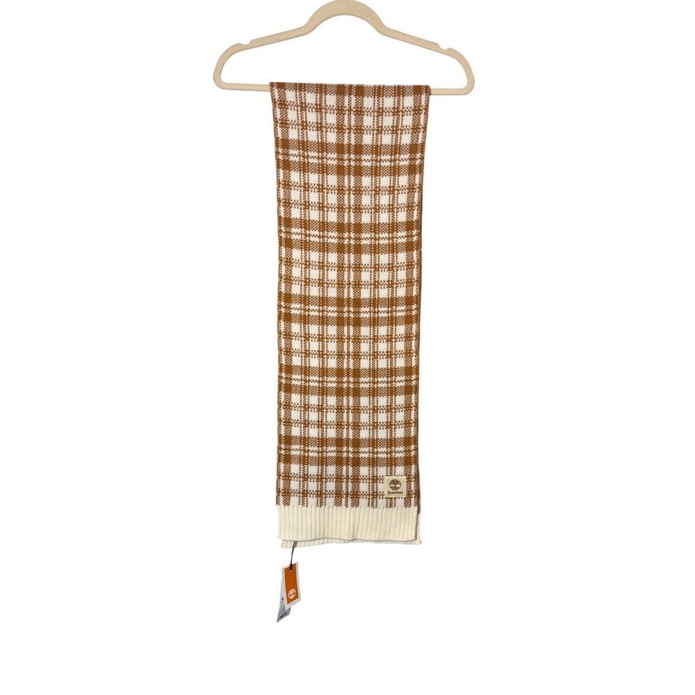 Timberland Unisex Scarf OS Wheat Brown Plaid Knit Logo Cabin Outdoors